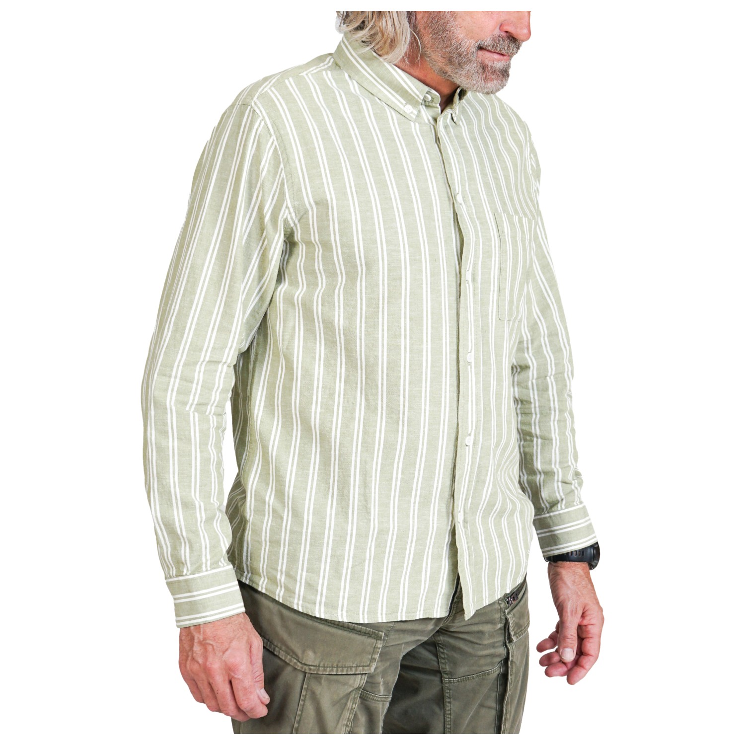 Oakley ORKLEY Short Sleeve Button Down Striped Shirt Men's L size cotton Khaki type sage green Vintage Second Hand
