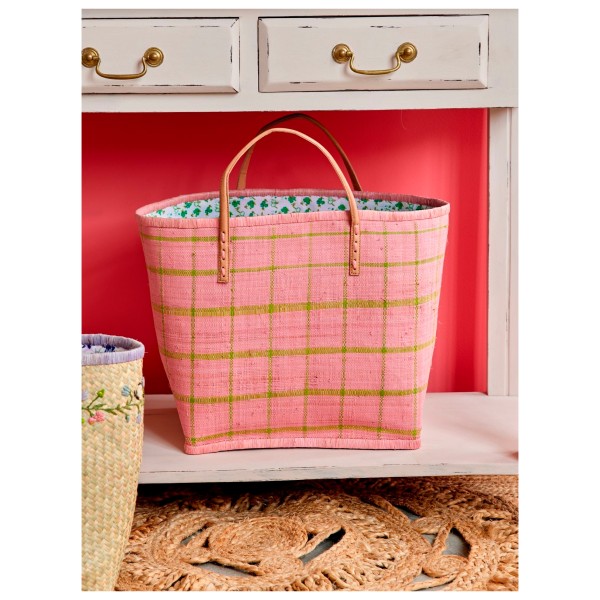 Rice - Raffia Bag with Fabric Closing and Leather Handles - Bag