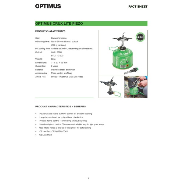 Optimus - Optimus Crux Lite Mit Piezo - Gaskooktoestel
