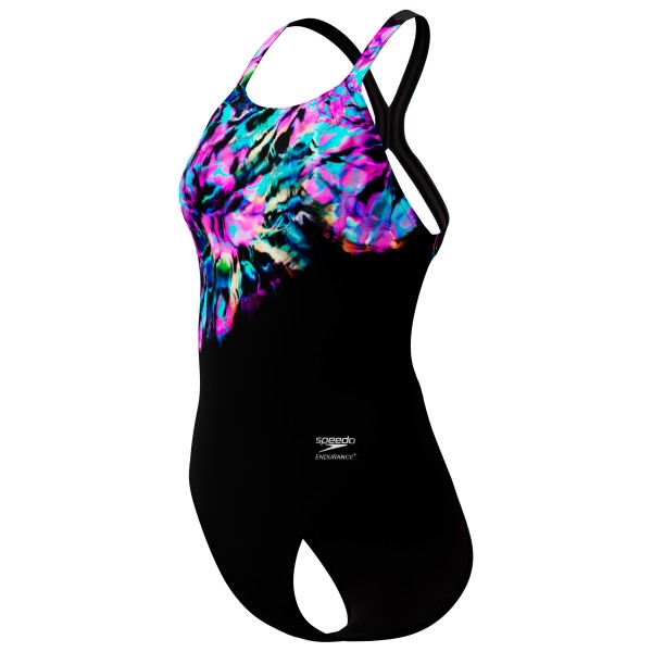 Speedo Placement Printed Powerback Badeanzug Damen Schwimmen (Gr 46 |schwarz)